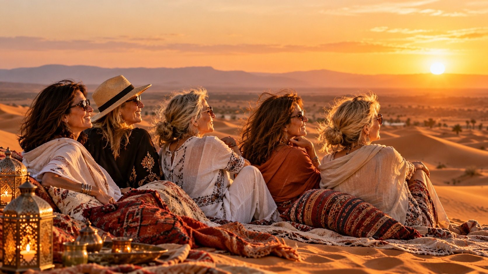 Five friends sitting on a dune watching the sunset