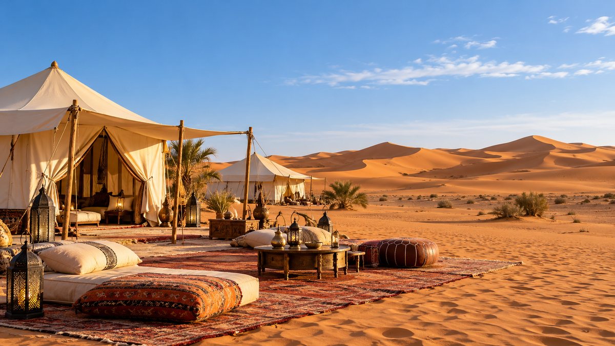 Morning at camp: rugs and cushions among the dunes