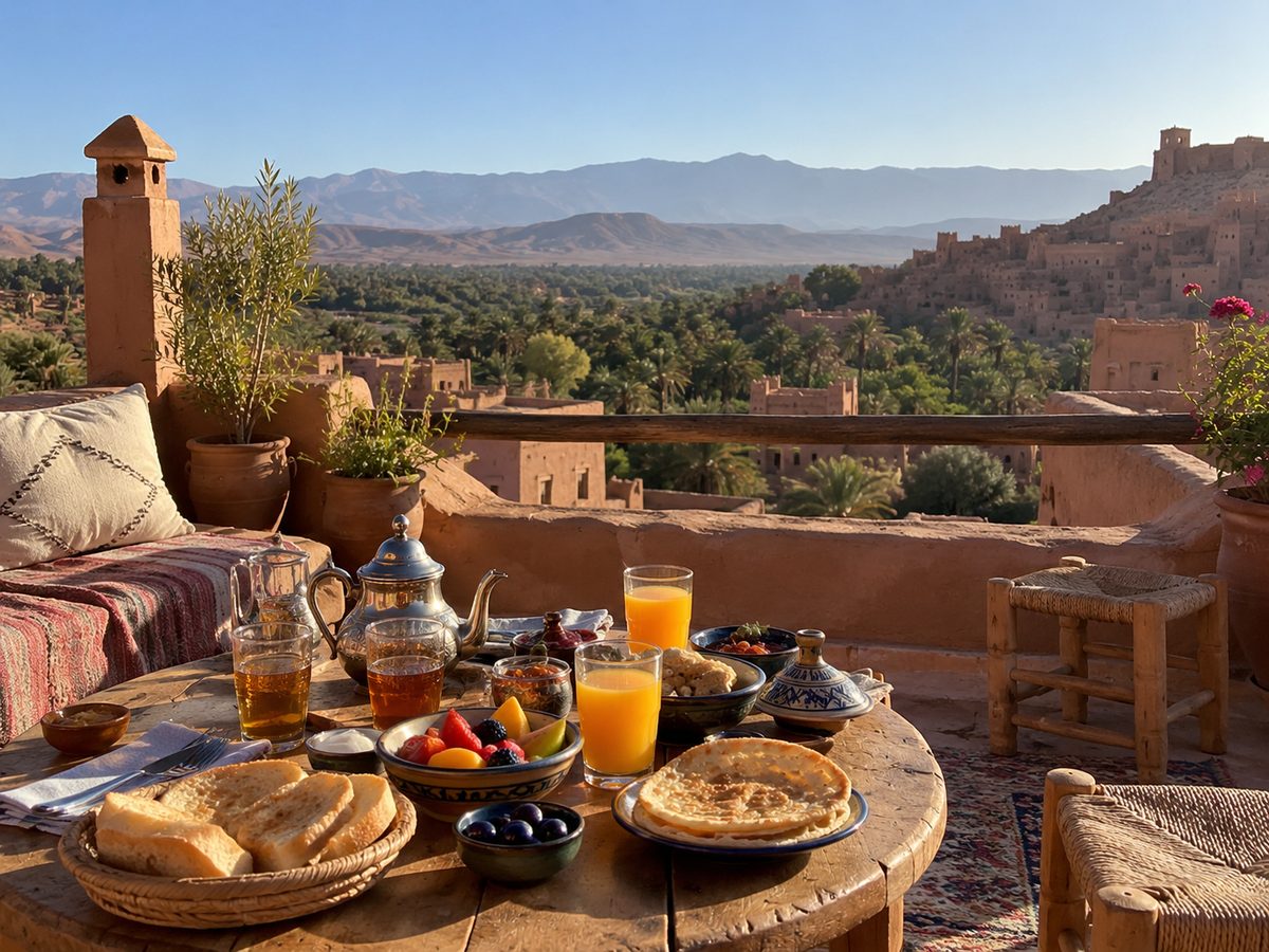 Dinner on a rooftop terrace overlooking an old kasbah