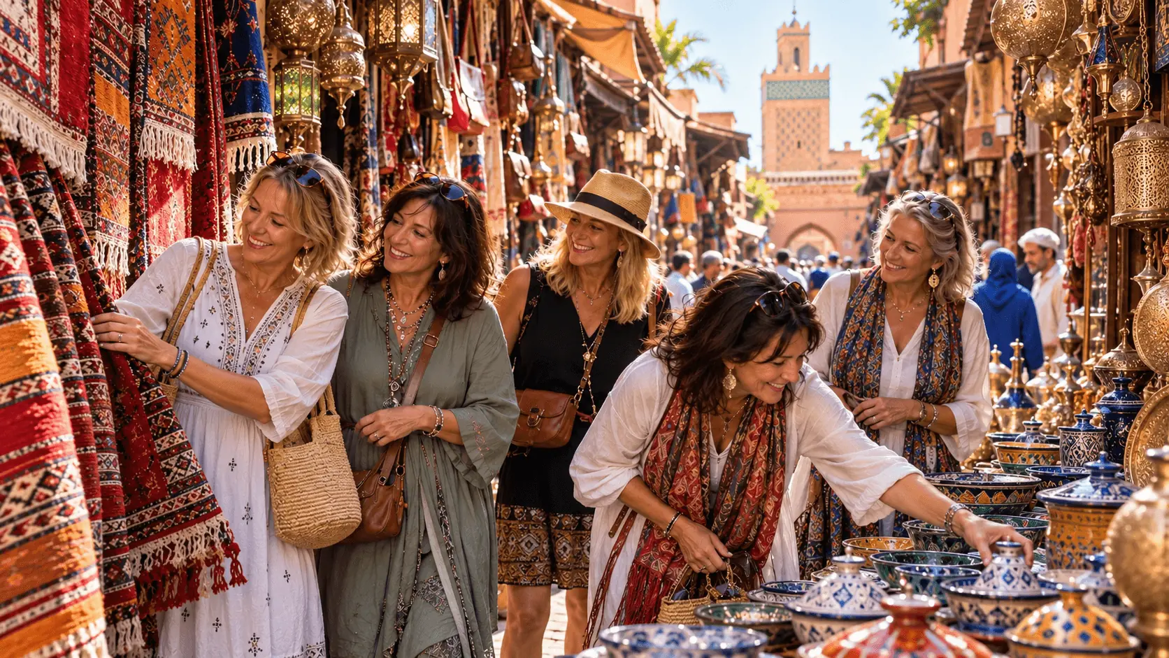 Five women browsing carpets and ceramics in a sunlit market