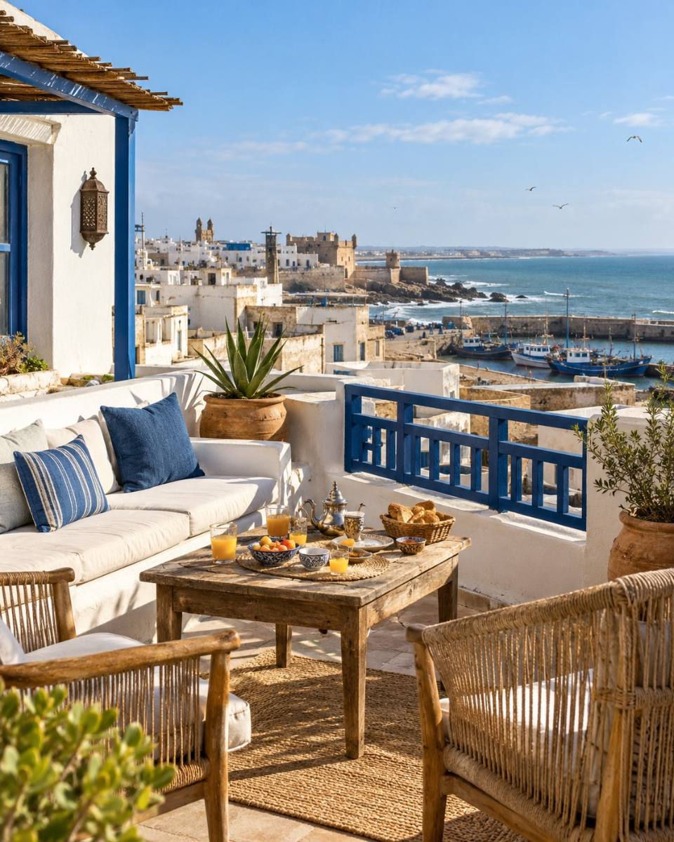 Breakfast on a terrace overlooking the ocean