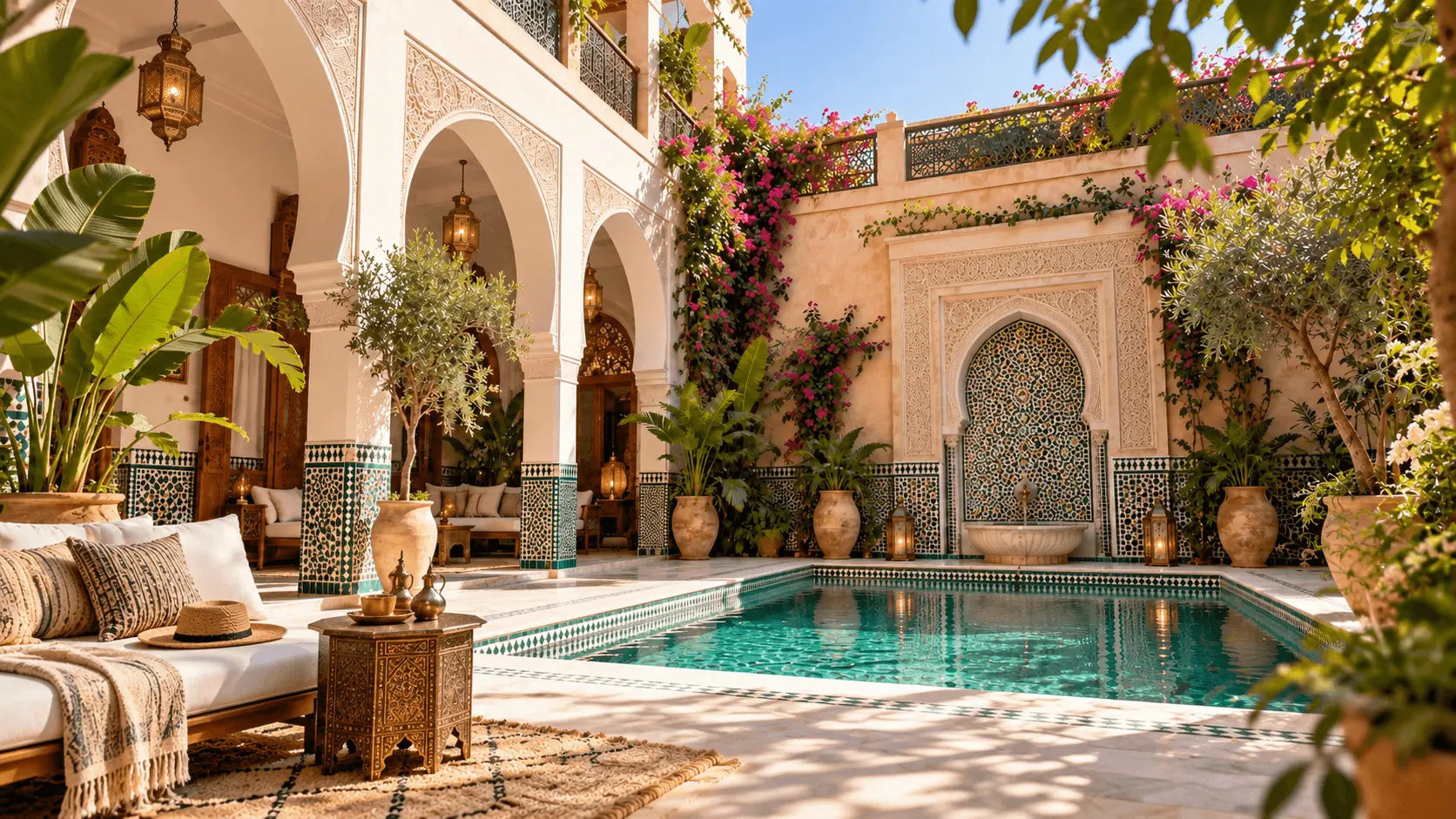 Sunlit riad courtyard with carved arches and a tiled pool