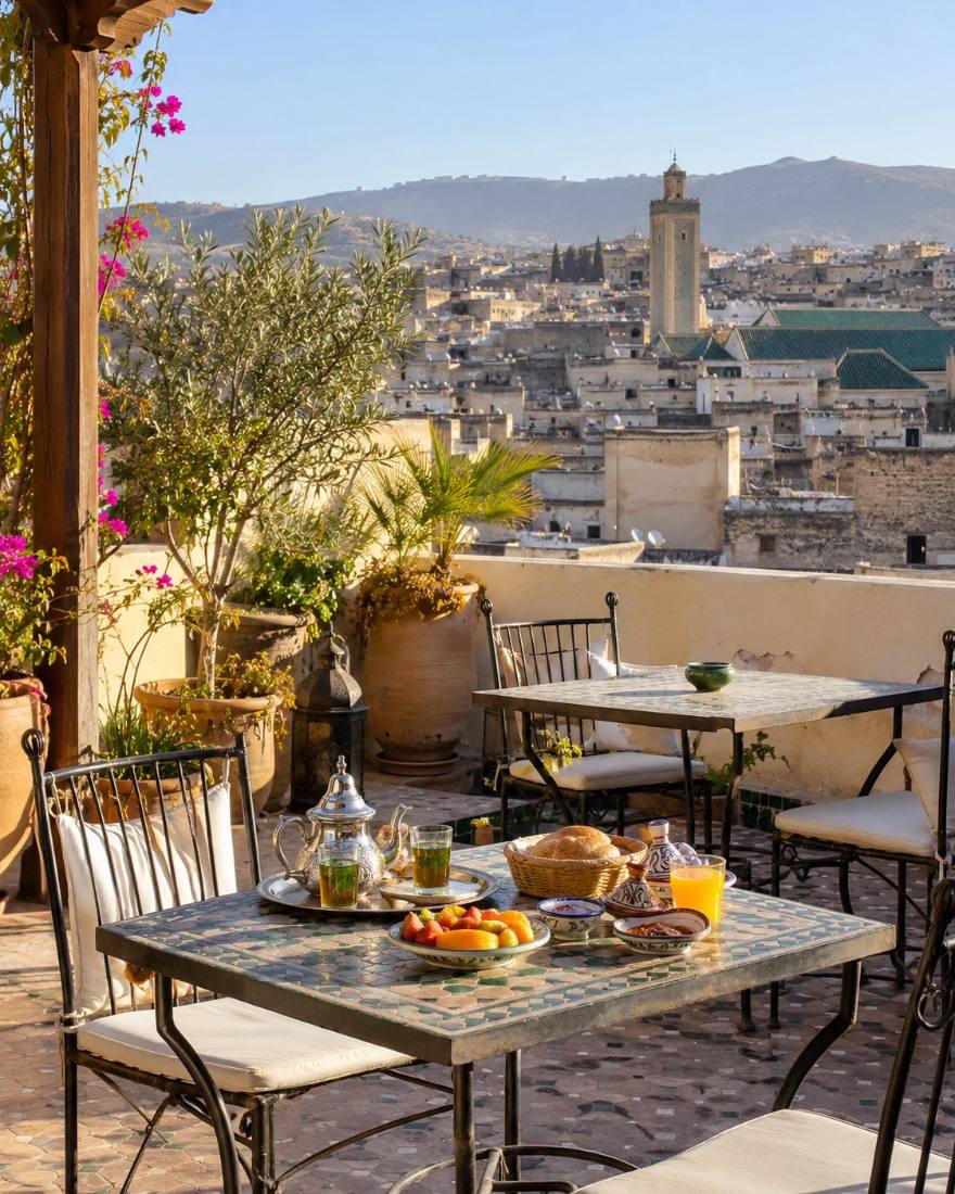 Breakfast on a riad rooftop overlooking the medina